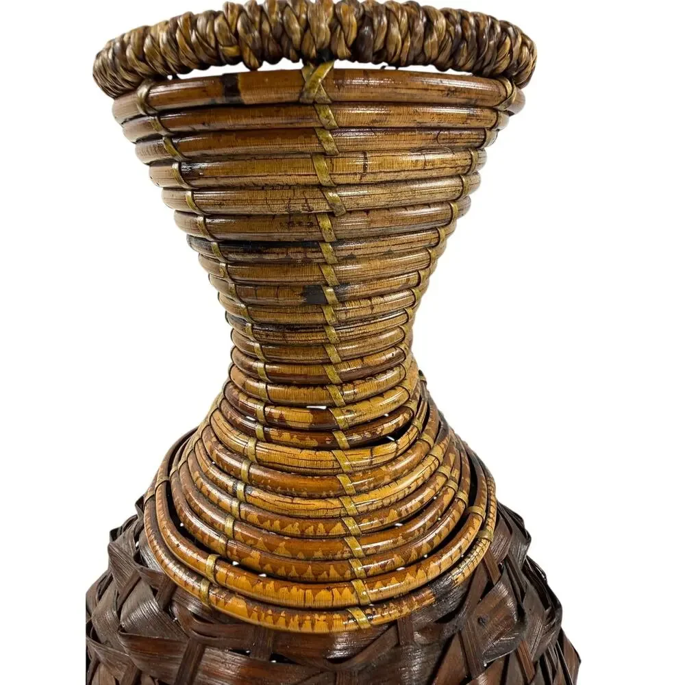 Vintage 90s Handwoven Rattan Wicker Vase 15” Brown Boho Basket Decor